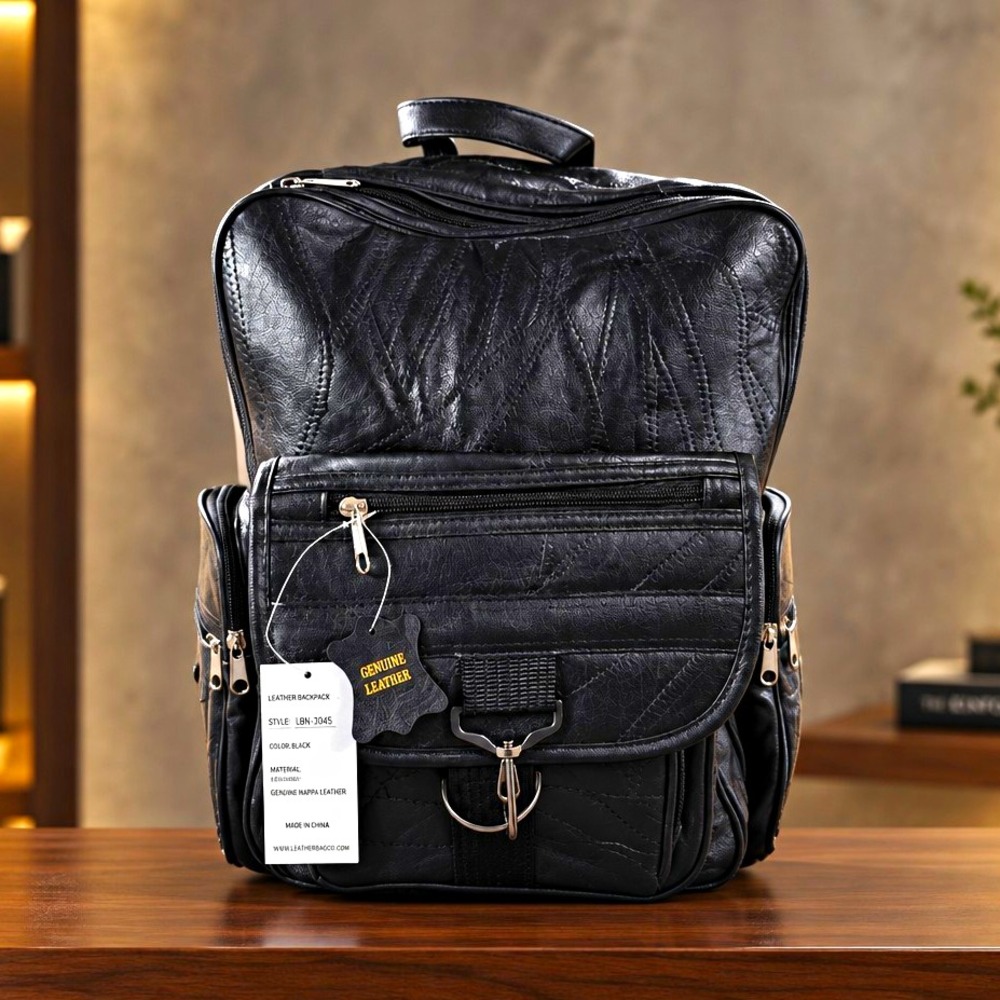 Leather That Works Genuine Leather Black Patchwork Backpack Zip Buckle Medium